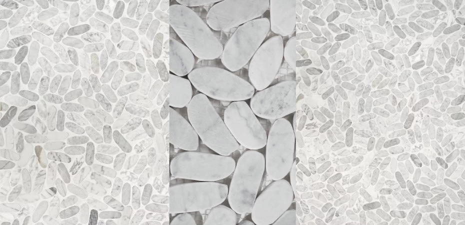 Carrara White pebble tumbled marble mosaic pattern