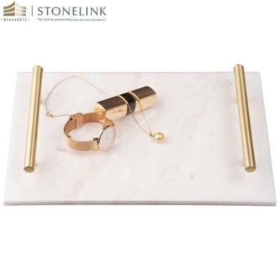 Brass handle rectangular Bianco white marble tray