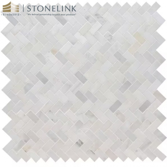 Arabescato Carrara herringbone honed marble mosaic